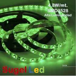 Tira LED 5 mts Flexible 24W 300 Led SMD 3528 IP20 Verde Alta Luminosidad